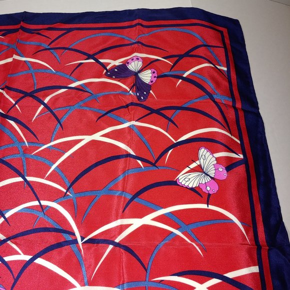Hanae Mori Vintage Silk Butterfly Print Scarf Red Pink Blue - Picture 6 of 7